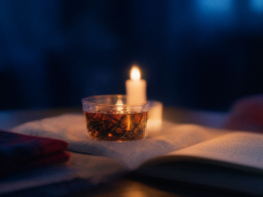 Warm candlelit evening setting with a book and herbal tea on a side table against soft background