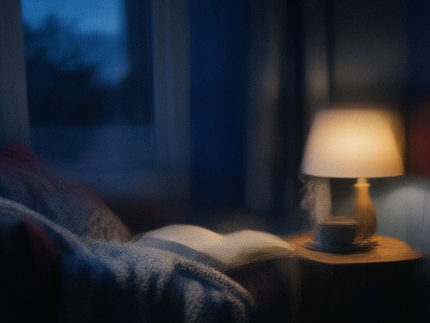 Warm-lit reading nook with tea cup and open book on a wooden table near window