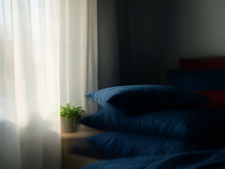 Serene bedroom corner with soft pillows, a plant, and natural light filtering through sheer curtains